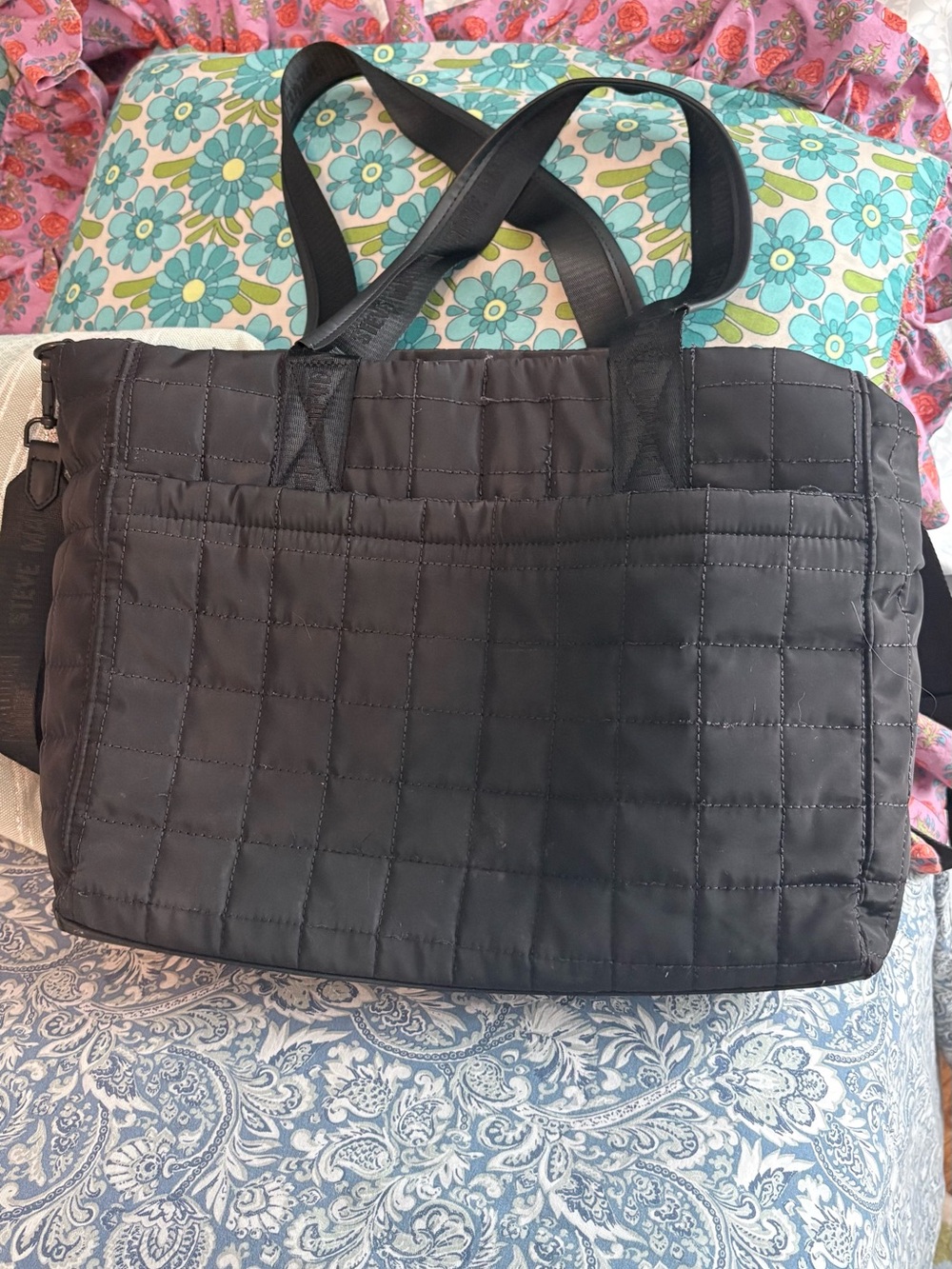 Steve Madden Blivia Quilted Black NylonTote Bag - Picture 4 of 12